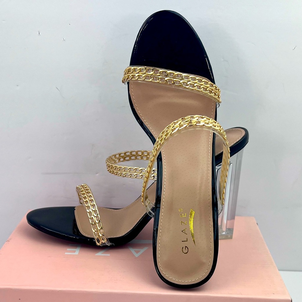 GLAZE BLACK CHAIN STRAPPY SANDALS, ALL MAN-MADE MATRIAL, WOMEN’S SIZE 10